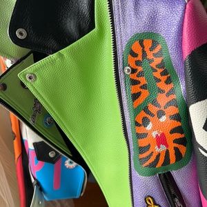 Cool Faux leather jacket with stones, emblems and pins